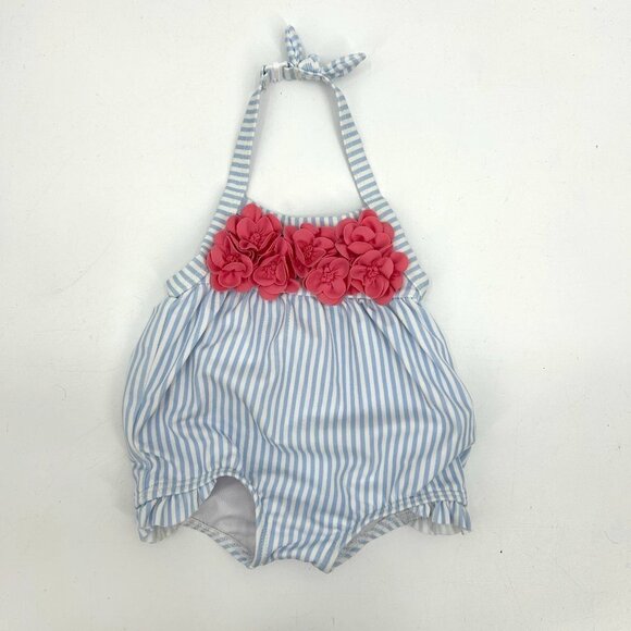 JANIE AND JACK Blue White Striped Pink Flower Halter Baby Swim Suit 3-6 Months - Picture 1 of 4